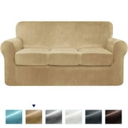 Subrtex 4-Piece Velvet High Stretch Sofa Cover Slipcover, Separate Cushion Covers(Sand, Sofa)