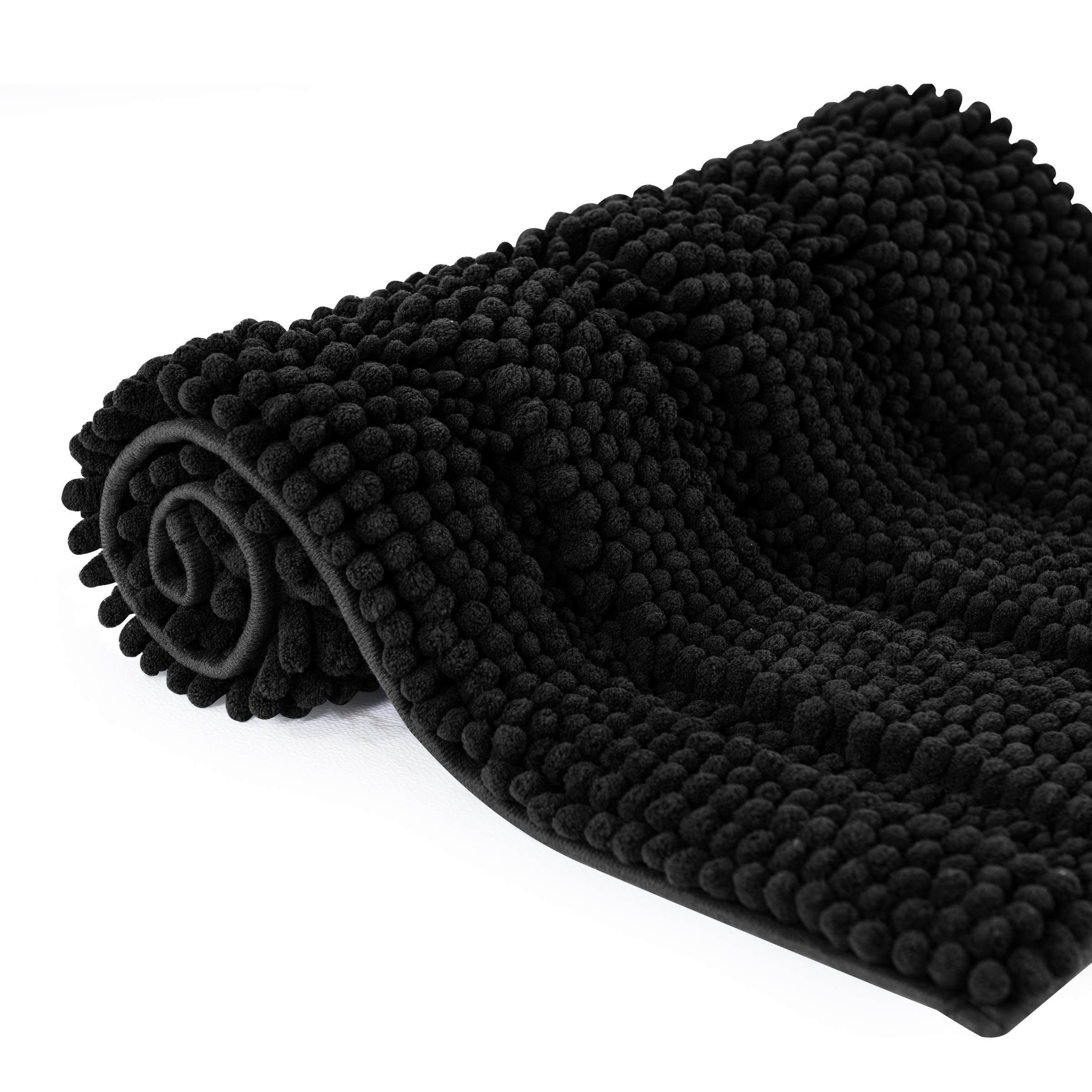 Subrtex Bathroom Rugs Non-Slip Chenille Soft Striped Plush Bath Mat (Black, 16"x24"+20"x32")