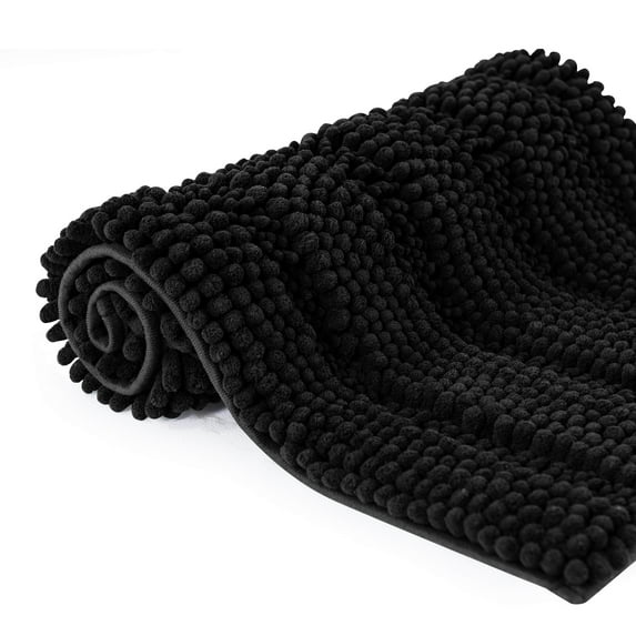 Subrtex Bathroom Rugs Non-Slip Chenille Soft Striped Plush Bath Mat (Black, 24"x60")