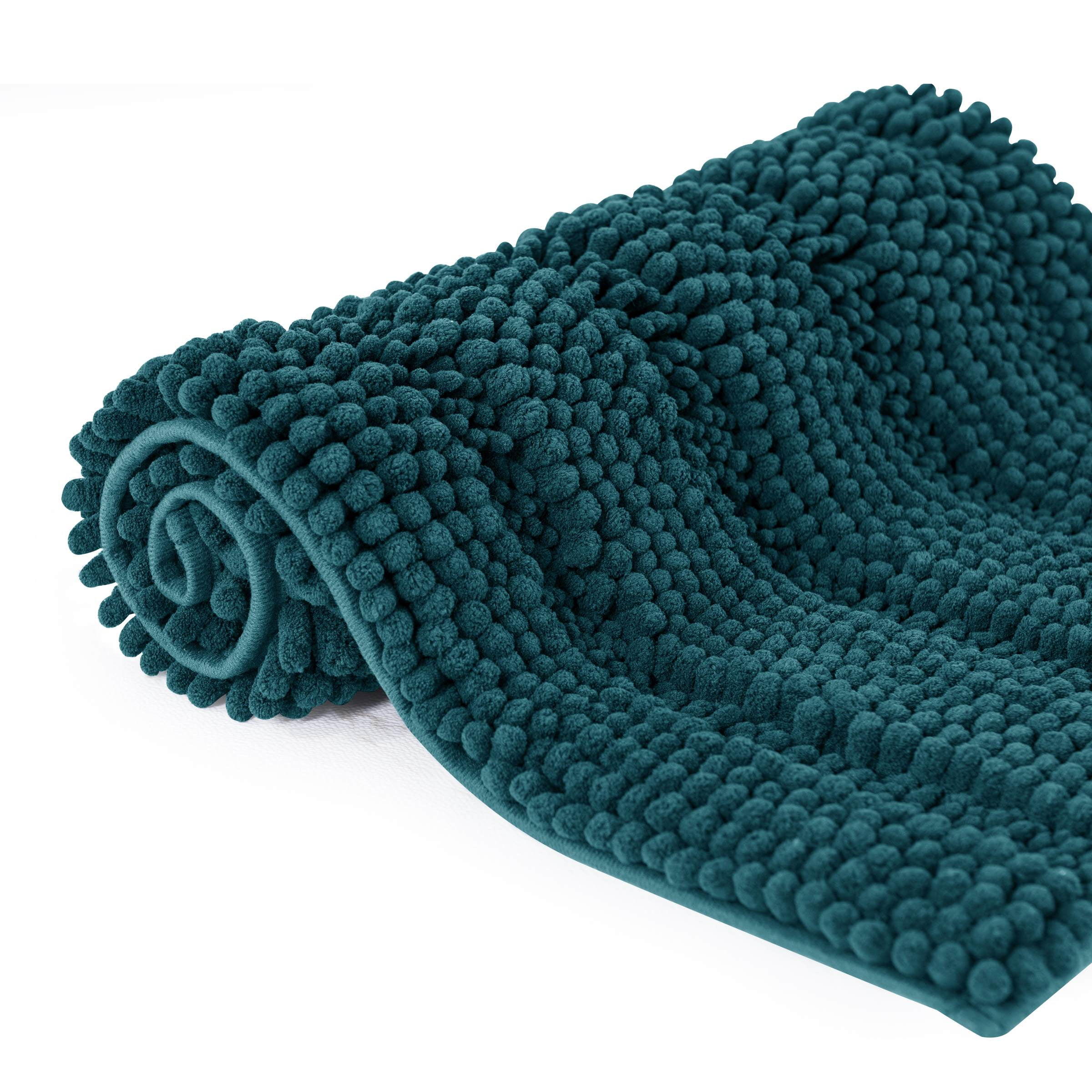 Subrtex Bathroom Rugs Non-Slip Chenille Soft Striped Plush Bath Mat (Blue, 16"x24"+20"x32")