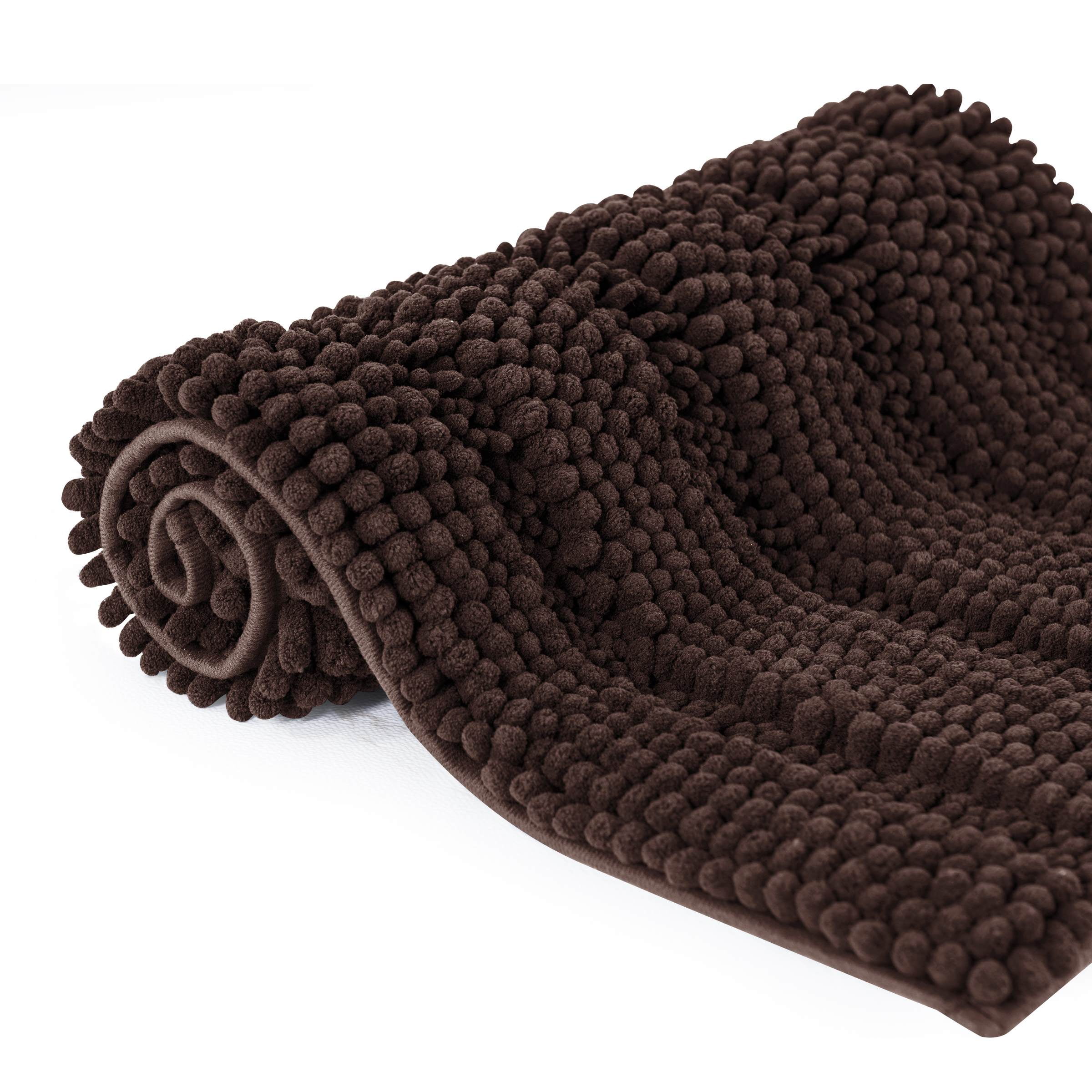 Subrtex Bathroom Rugs Non-Slip Chenille Soft Striped Plush Bath Mat (Chocolate, 16"x24"+20"x32")