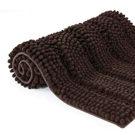 Subrtex Bathroom Rugs Non-Slip Chenille Soft Striped Plush Bath Mat (Chocolate, 20"x32")