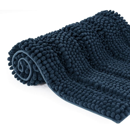 Subrtex Bathroom Rugs Non-Slip Chenille Soft Striped Plush Bath Mat (Navy, 16"x24"+20"x32")