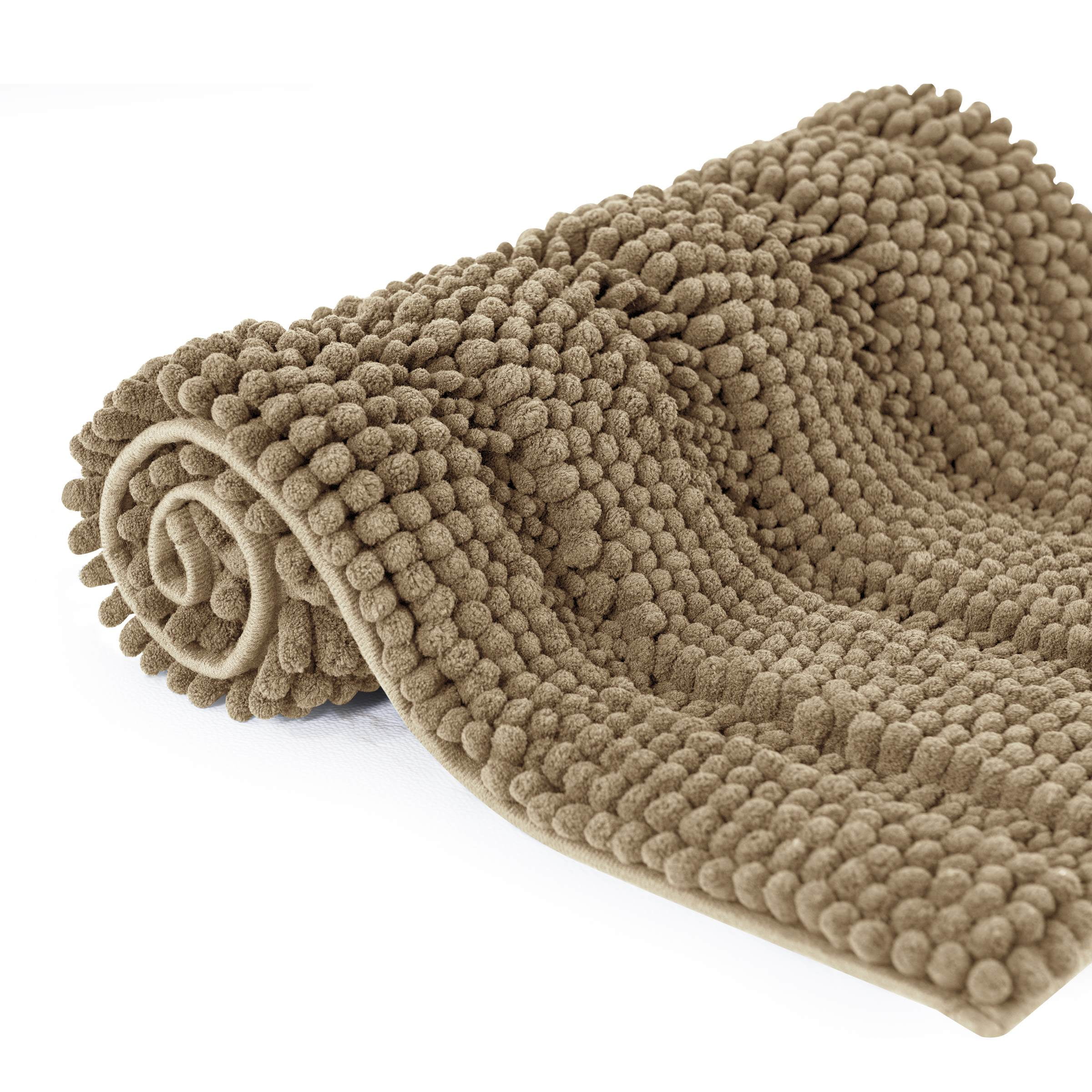 Subrtex Bathroom Rugs Non-Slip Chenille Soft Striped Plush Bath Mat (Sand, 16"x24"+20"x32")