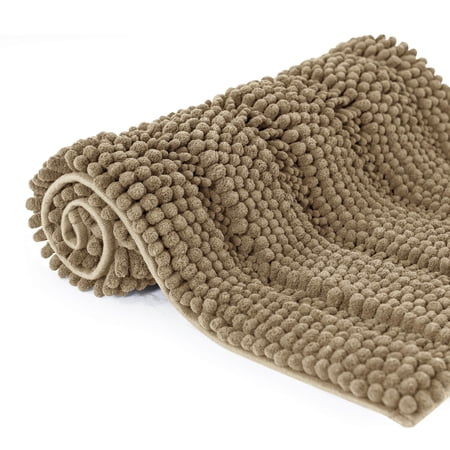 Subrtex Bathroom Rugs Non-Slip Chenille Soft Striped Plush Bath Mat (Sand, 18"x48")