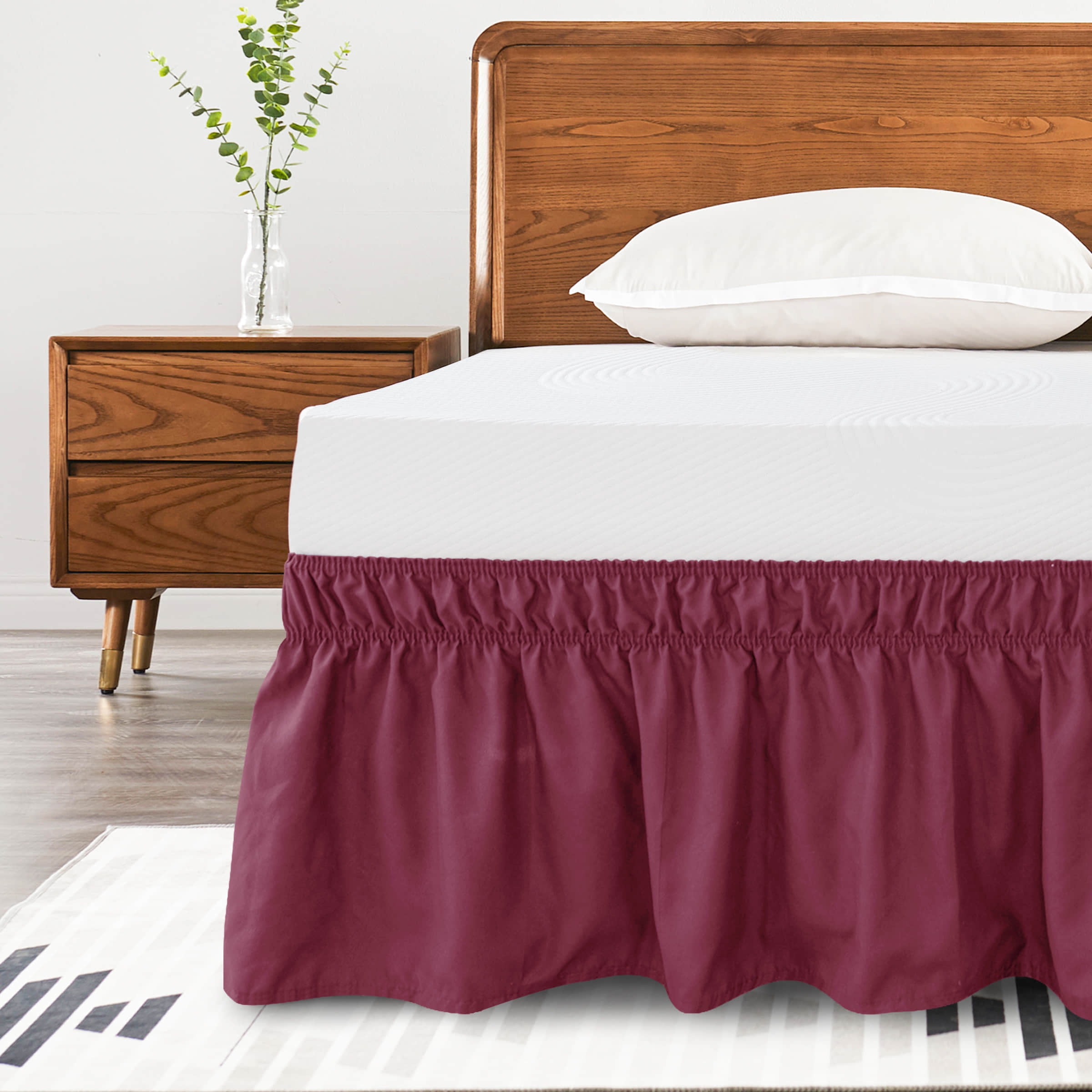 Subrtex Bed Skirt Wrap-Around Dust Ruffle Elastic 16 Inch Bed Cover, King, Wine