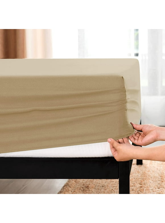 Subrtex Bedding Fitted Sheet Stain Resistant Soft Brushed Microfiber Single 1 Fitted Sheet for Mattress (Full, Khaki)