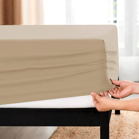 Subrtex Bedding Fitted Sheet Stain Resistant Soft Brushed Microfiber Single 1 Fitted Sheet for Mattress (Full, Sand)
