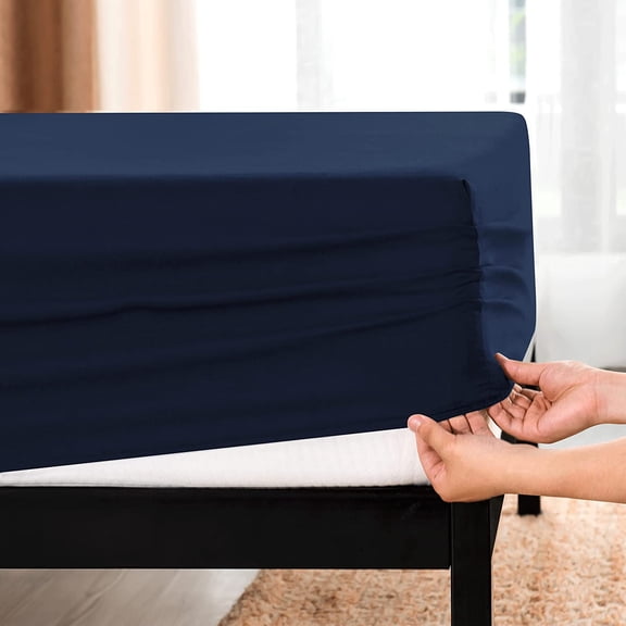 Subrtex Bedding Fitted Sheet Stain Resistant Soft Brushed Microfiber Single 1 Fitted Sheet for Mattress (King, Navy)