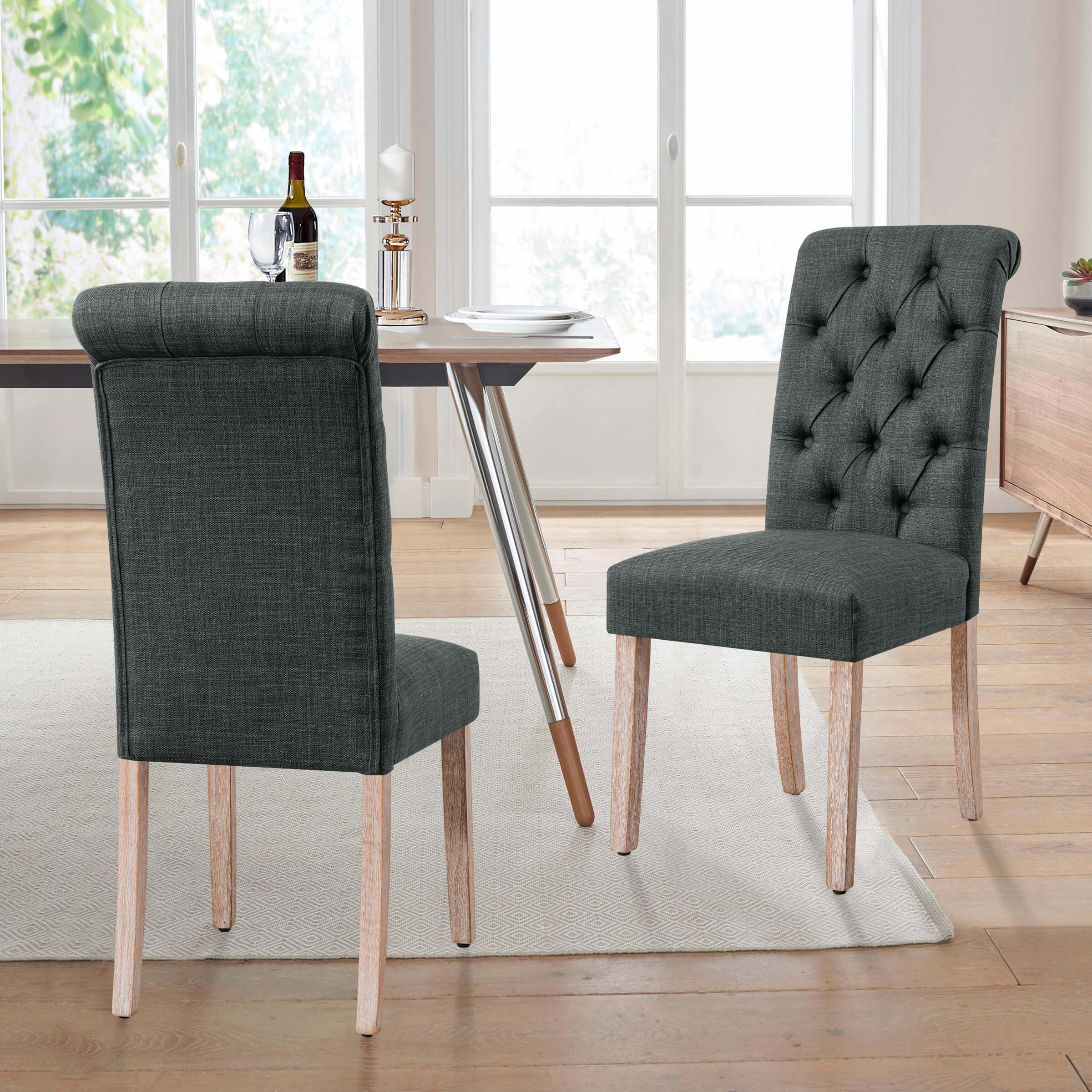Chelsea Lane MidCentury Modern Linen and Oak Dining Chairs, Set of 2