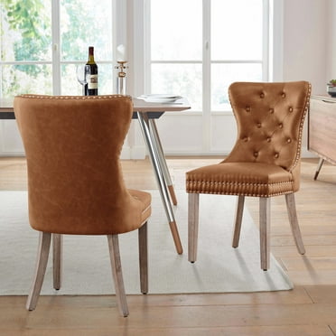 Subrtex Dining Chairs PU Leather Chairs with Wood Legs for Kitchen Dining Room Set of 2, Brown
