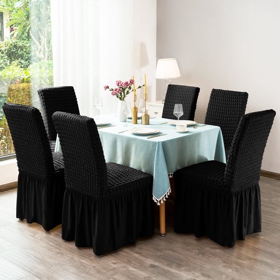 Subrtex Elegant Ruffle Skirt Stretchable 2-Piece Jacquard Polyester Dining Chair Slipcovers, Black
