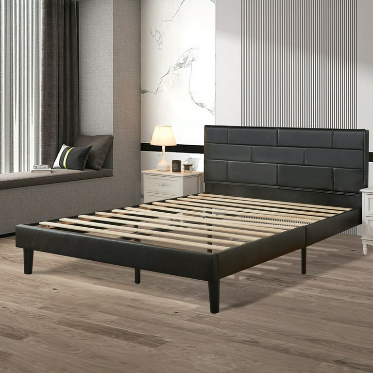 Subrtex Full Platform Bed Frame with Removable PU Leather Upholstered Headboard Heavy Duty Wood Slats