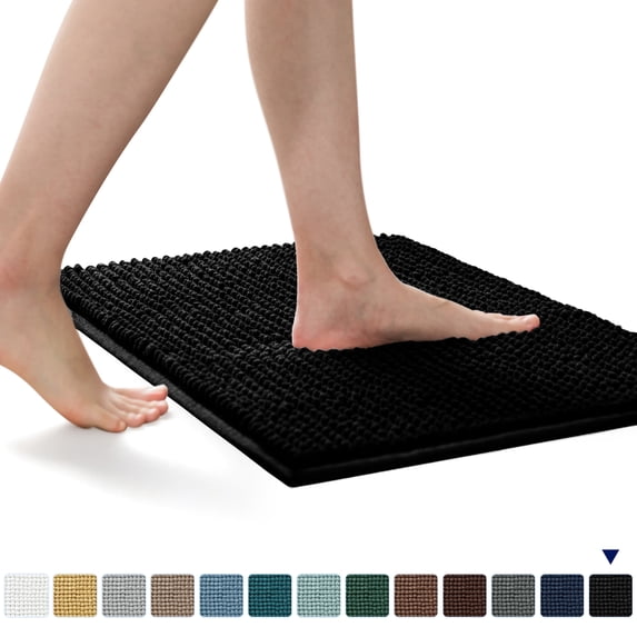 Subrtex Chenille Bathroom Rugs, Extra Soft and Non Slip Bath Mats, Thick Rubber Backing Washable Shower Rugs & Home Decor Accessories (Black,16"*24")