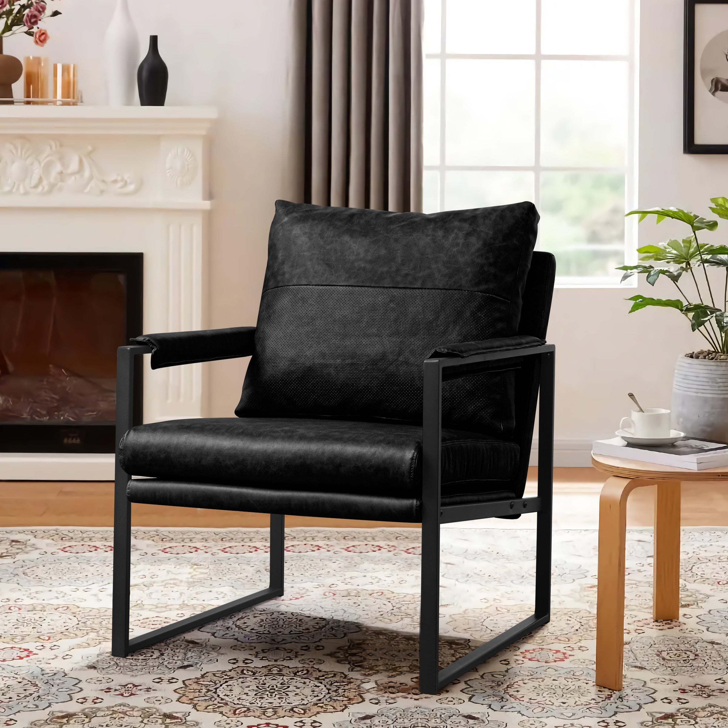 Faux leather and metal accent chair hot sale