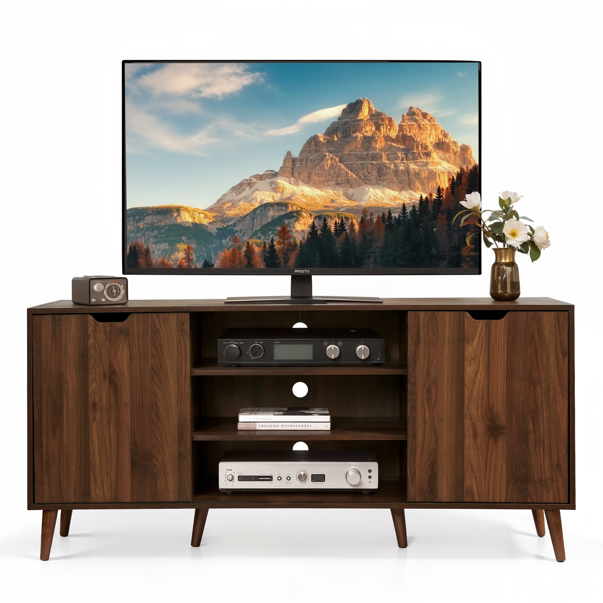 Subrtex Mid-Century Modern TV Stand Entertainment Center for TVs up to 60", Walnut Finish Wooden TV Media Console with Sliding Doors & Adjustable Storage Shelves for Living Room & Bedroom