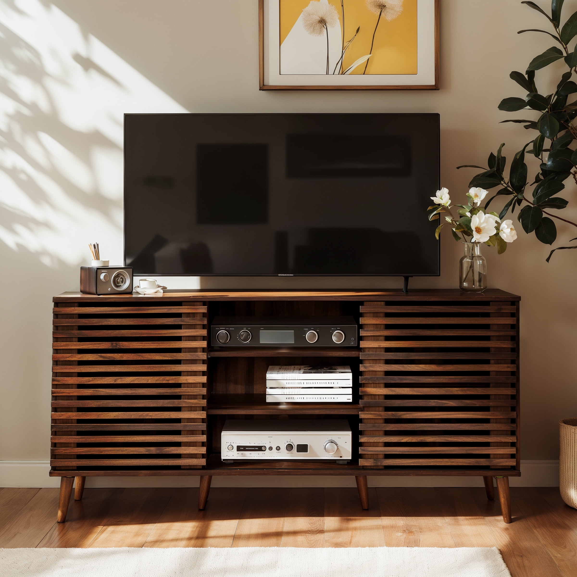Subrtex Mid-Century Modern TV Stand Entertainment Center for TVs up to 60", Walnut Wooden Media Console with Slatted Doors & Adjustable Shelves for Living Room Storage