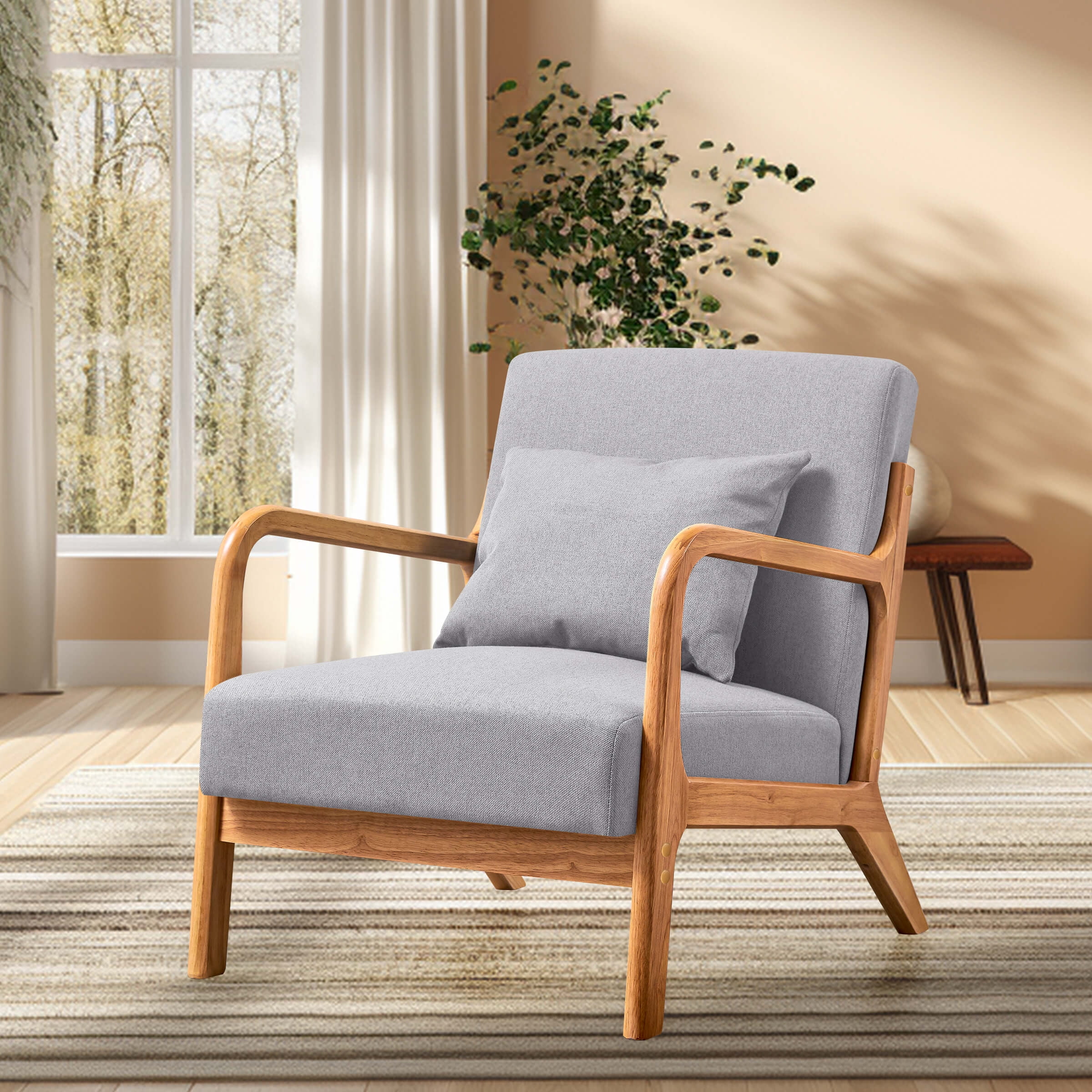 Subrtex Modern Accent Chair Linen Upholstered Arm Chairs with Solid Wood Frame, Gray