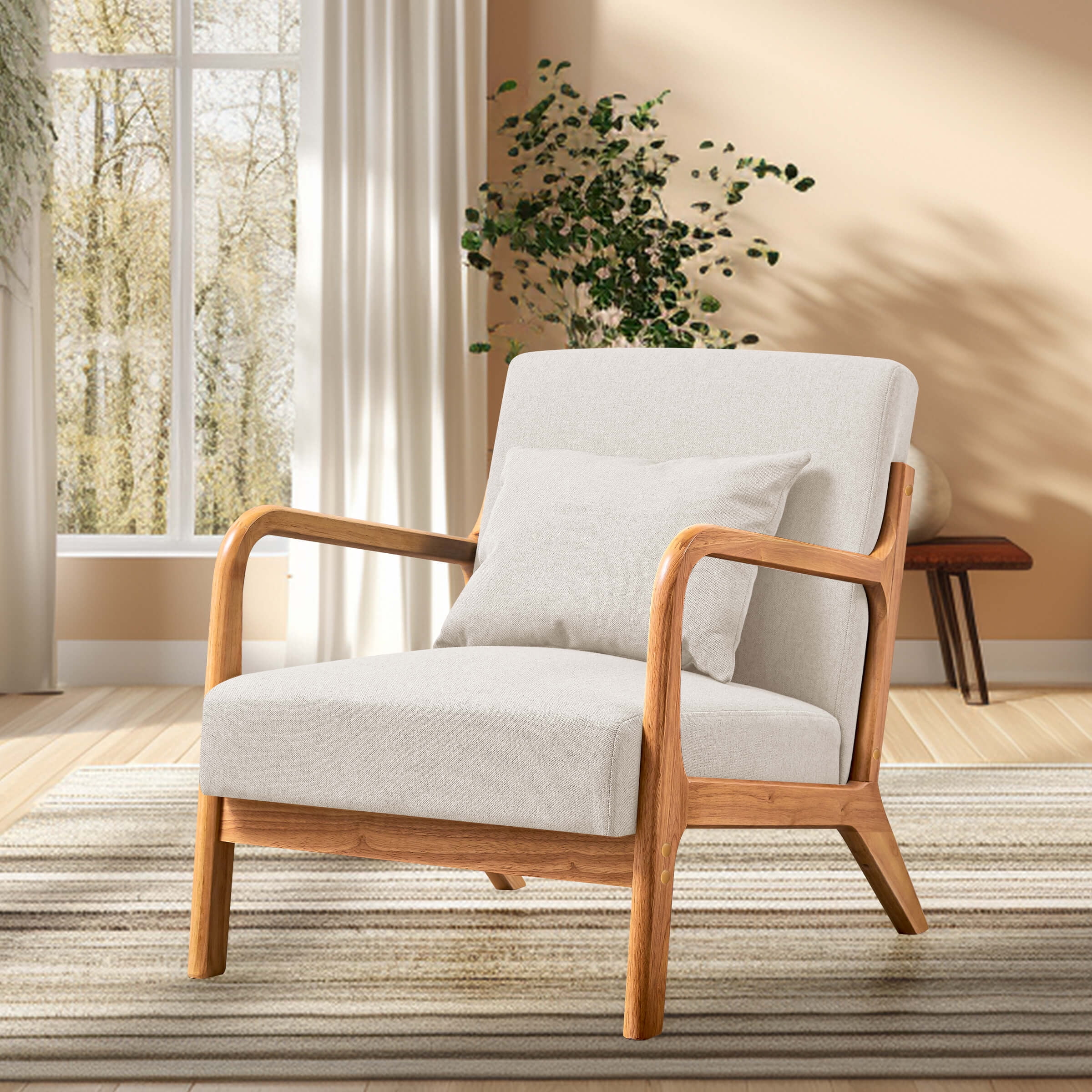 Subrtex Modern Accent Chair Linen Upholstered Arm Chairs with Solid Wood Frame, Set of 2, Beige