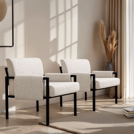 Subrtex Modern Iron Sponge Linen Fabric Solid Print Upholstered Armchair, Off-White (Set of 2)