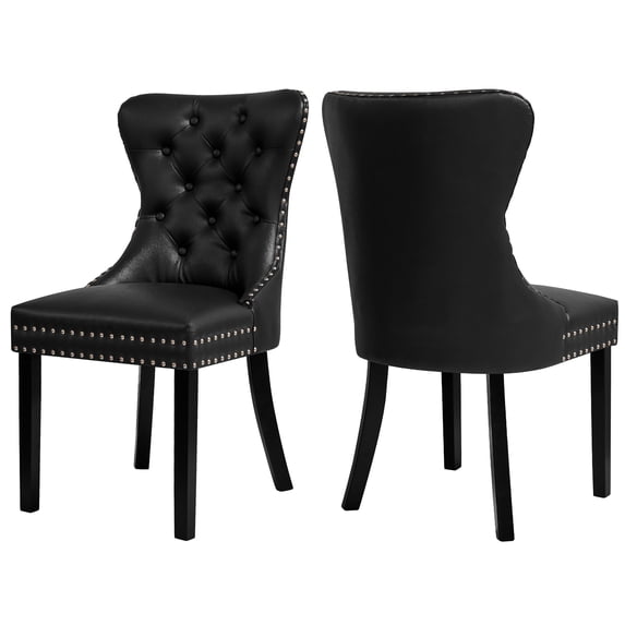 Subrtex Modern PU Leather Dining Chairs Set of 2, Wingback with Button Tufted Back & Nailhead Trim, Black