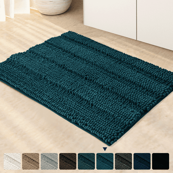 Subrtex Non-Slip Bathroom Rugs Chenille Soft Striped Plush Bath Mat (Blue, 18" x 48")