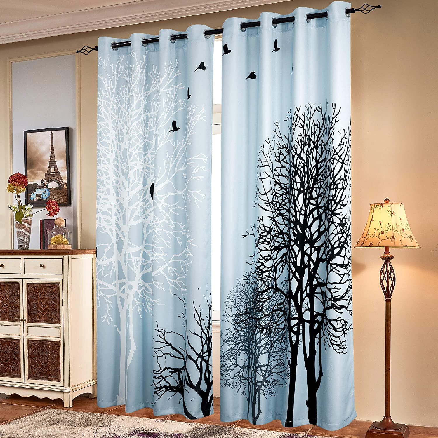 Subrtex Printed Colorful Curtains Room Darkening Thermal Insulated Valance Grommet Top Window Drapes 2 Panel Set (Light Blue, 52" x 84")