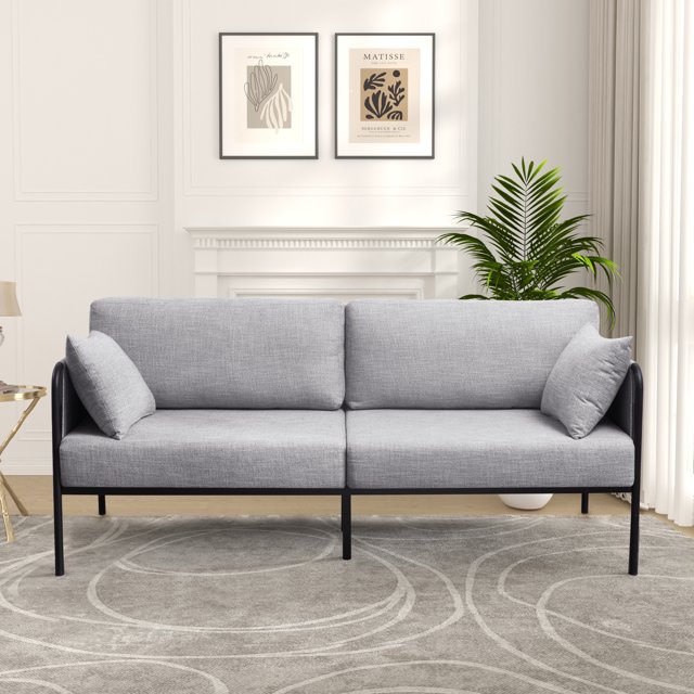 Subrtex Sofa Modern Upholstered Linen Fabric Couch with Metal Arm, Gray