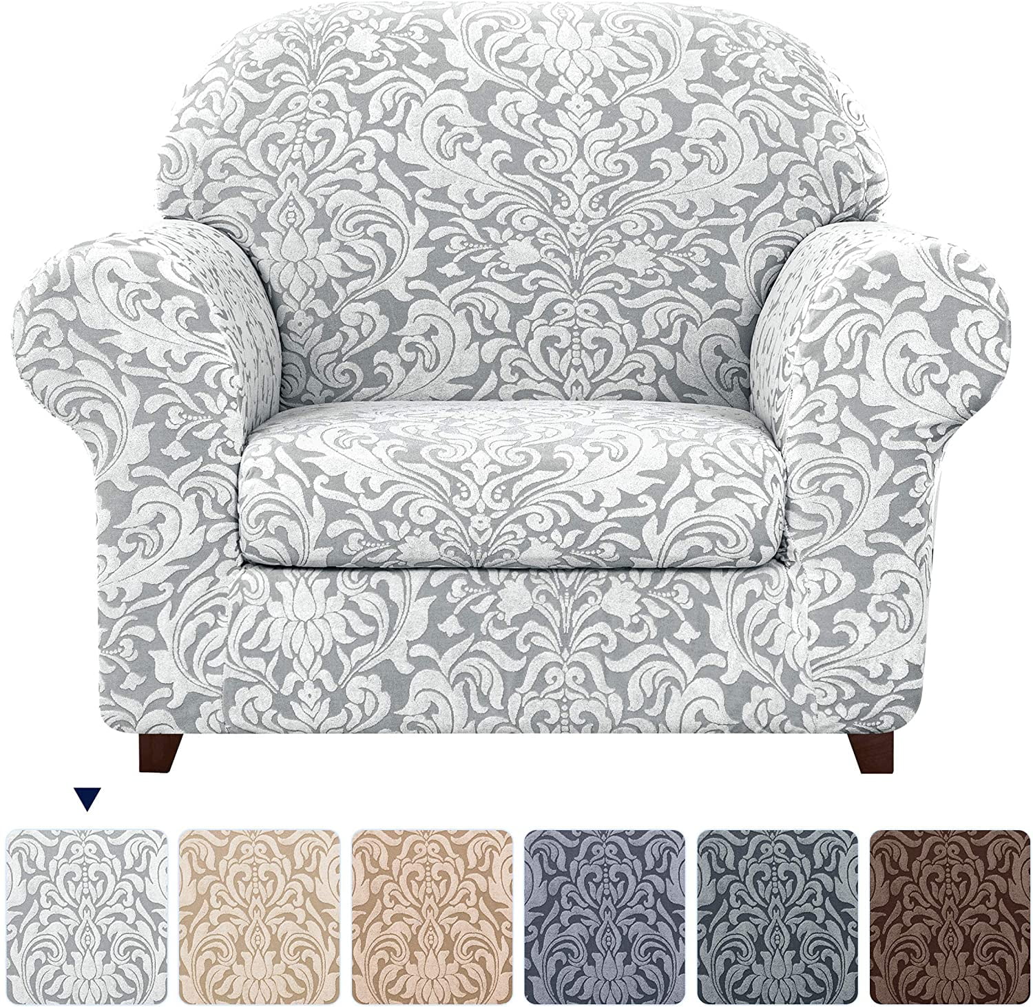 Subrtex Sofa Slipcover 2-Piece Jacquard Damask Couch Cover with Seat Cushion Stretch Furniture Protector for Armchair in Living Room for Kids, Pets (Small,Light Smoky Gray)