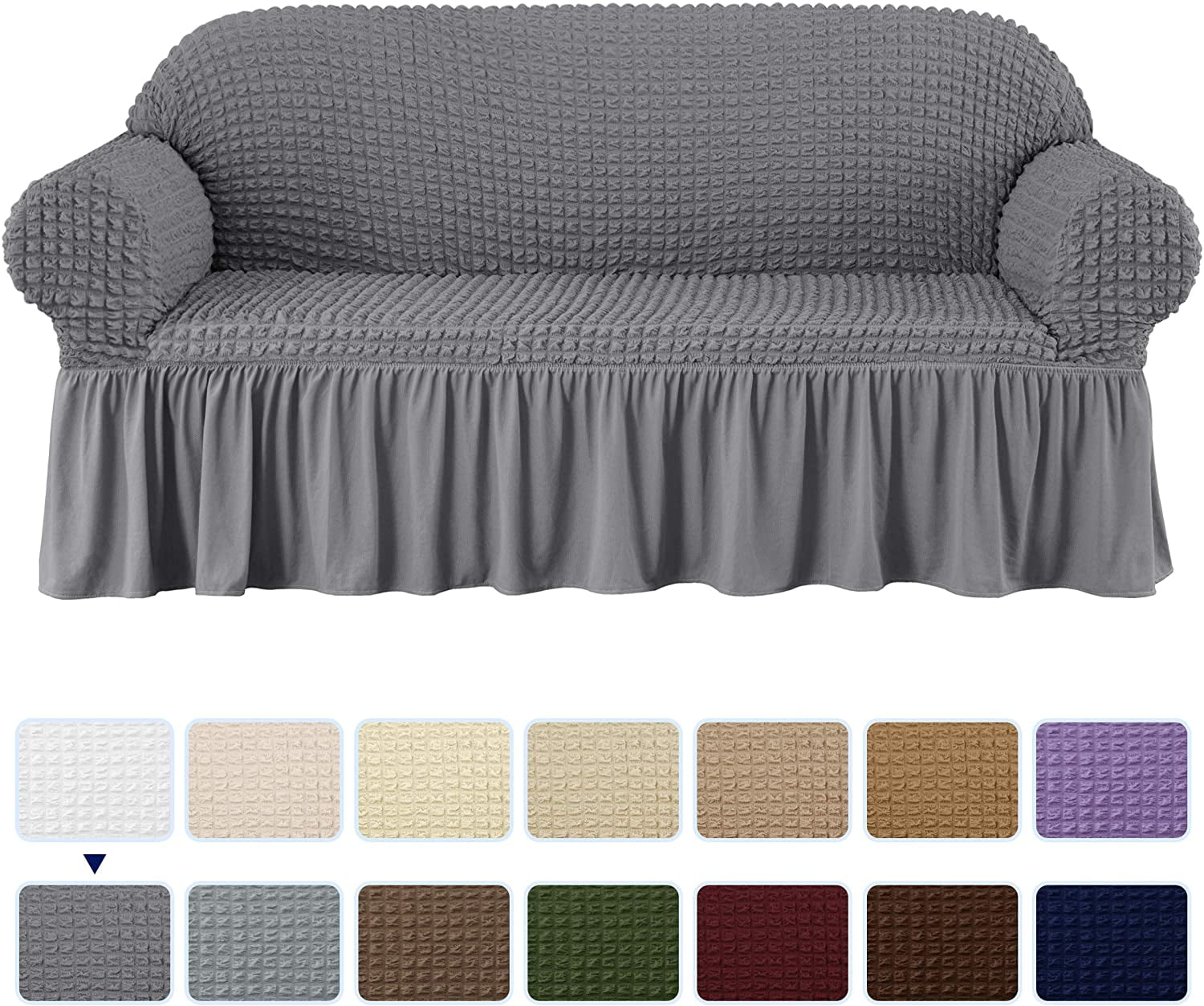 Subrtex Stretch 1-Piece Pleated Ruffled Skirt Sofa Slipcover, Grey