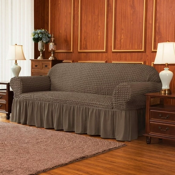 Subrtex Stretch 1-Piece Pleated Ruffled Skirt Sofa Slipcover, Light Coffee