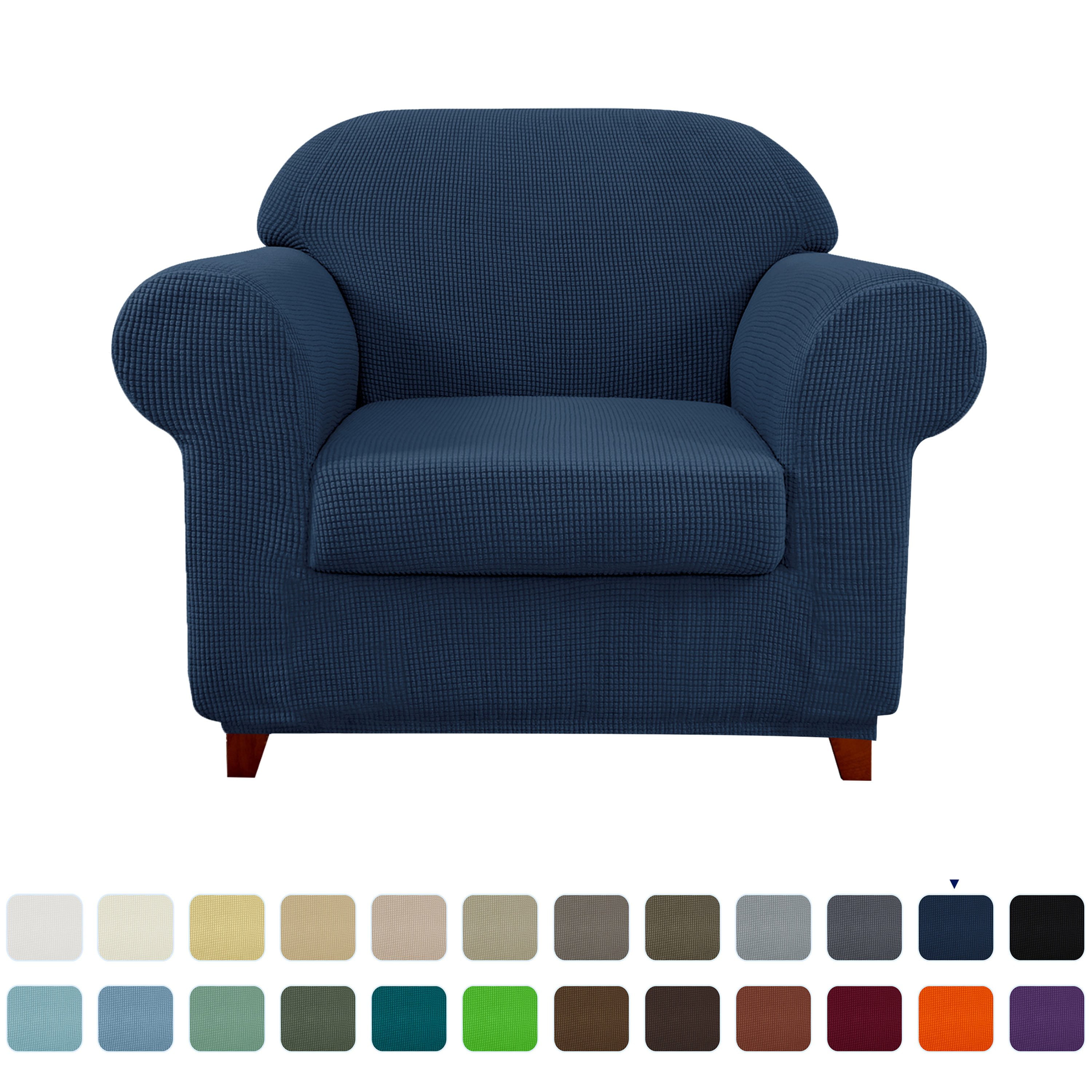 Subrtex Stretch 2-Piece Textured Grid Sofa Slipcover Jacquard Non Slip Couch Cover (Navy, Armchair)