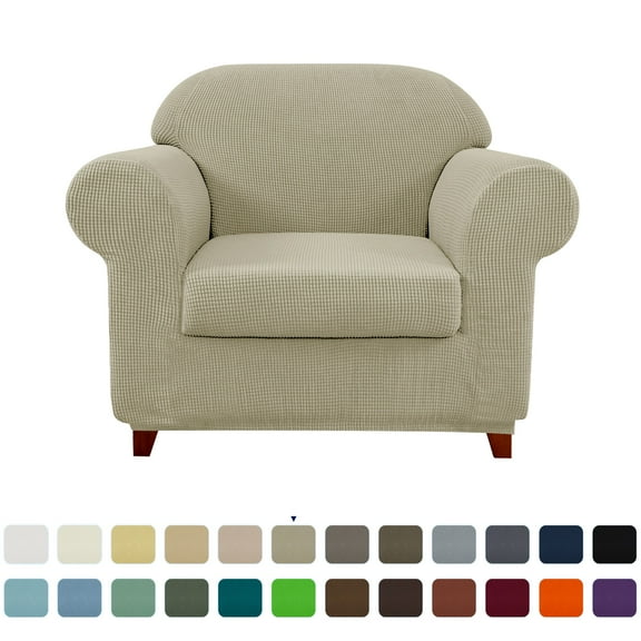 Subrtex Stretch 2-Piece Textured Grid Sofa Slipcover Jacquard Non Slip Couch Cover (Sand, Armchair)