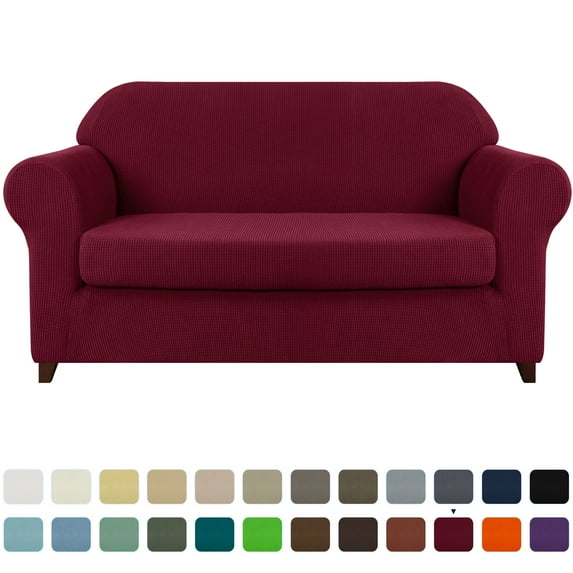 Subrtex Stretch 2-Piece Textured Grid Sofa Slipcover Jacquard Non Slip Couch Cover (Wine, XL Sofa)