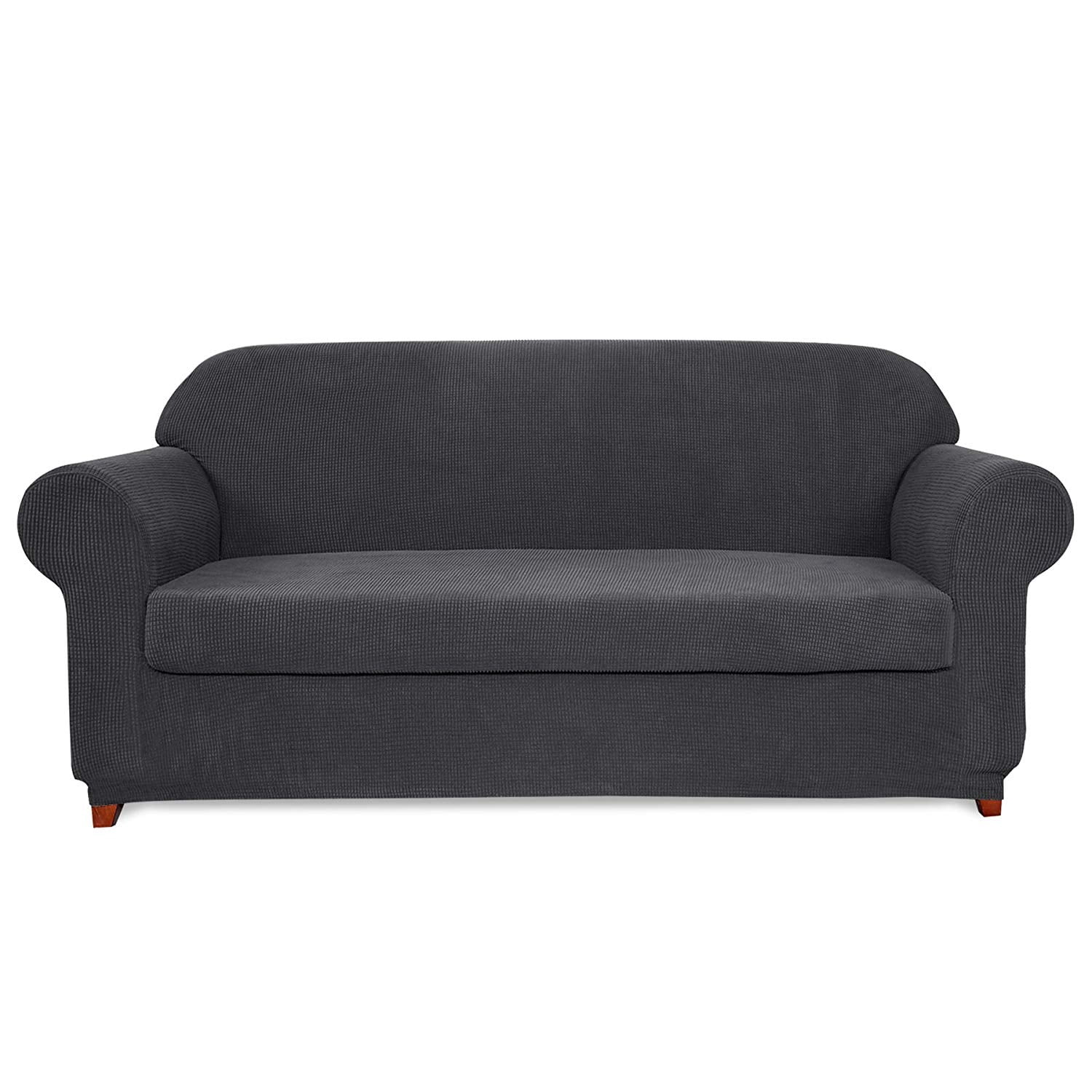 Subrtex Stretch 2-Piece Textured Plaid Loveseat Slipcover, Gray