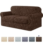 Subrtex Stretch 3-piece Jacquard Damask Sofa Slipcover, Separate Cushion Cover(Loveseat, Brown)