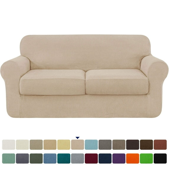 Subrtex Textured Grid Stretch Sofa Cover Couch Slipcover with Separate Cushion Cover (Camel, Loveseat)