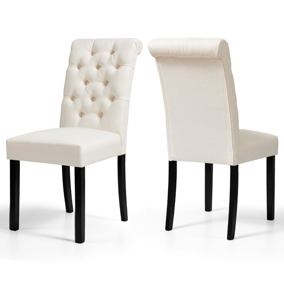 Dyfun Upholstered Dining Chair with Scrolled Back and Button Tufting, Modern Fabric Kitchen Side Chair (Set of 2, White)