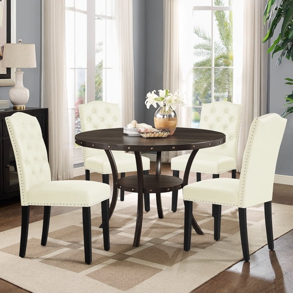 Subrtex Upholstered Dining Chairs Set of 4, PU Leather Dining Chair with Nail heads Trim, Button Padded Chairs Set for Kitchen Dining Room, Beige