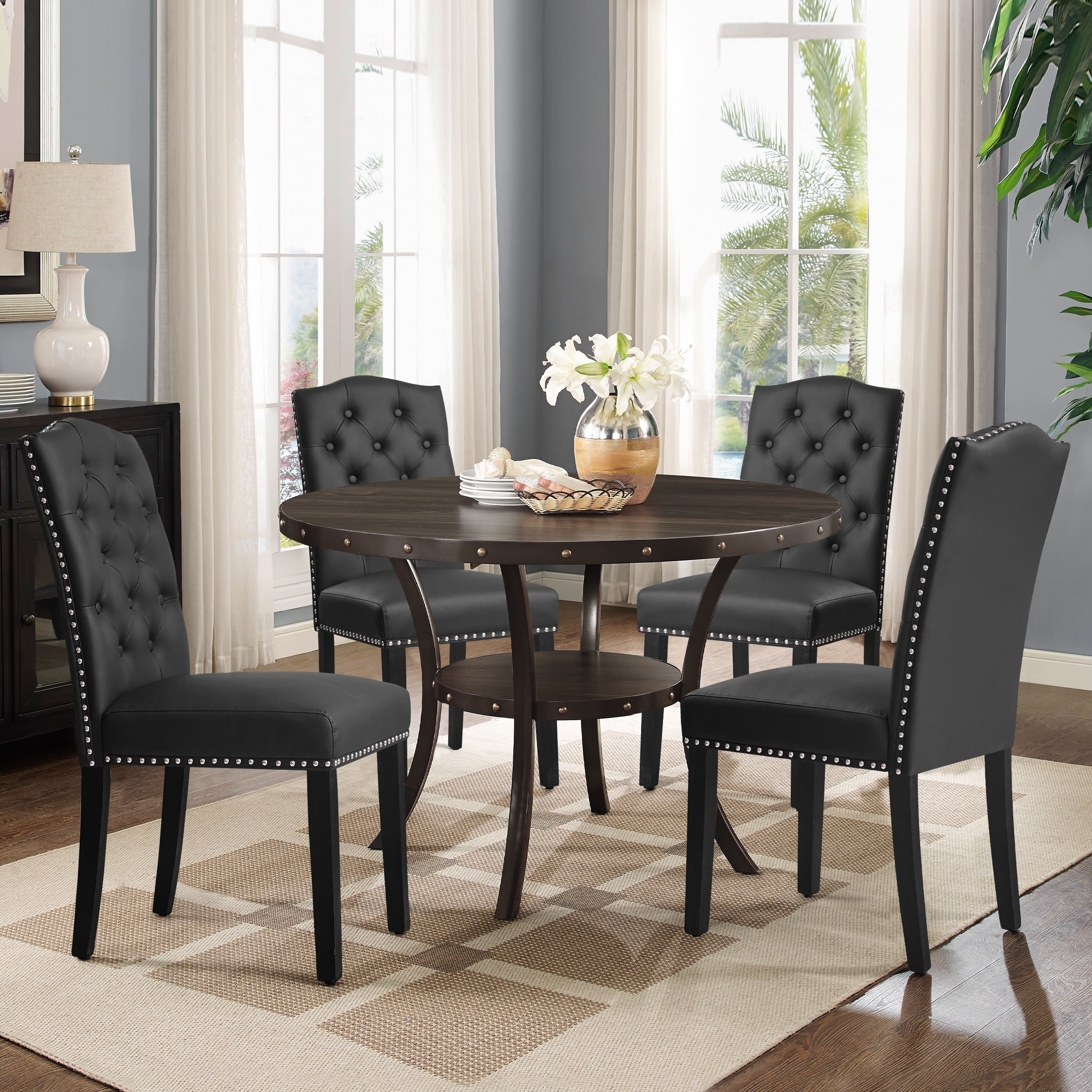 Subrtex Set of 4 Upholstered Dining Chairs Waterproof PU Leather with Nailhead Trim Ergonomic Design Adjustable Floor Protectors Black