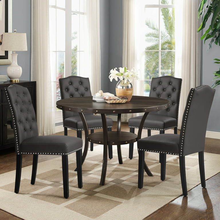 Subrtex Upholstered Dining Chairs Set of 4 PU Leather Dining Chair with Nail heads Trim Button Padded Chairs Set for Kitchen Dining Room Gray Walmart