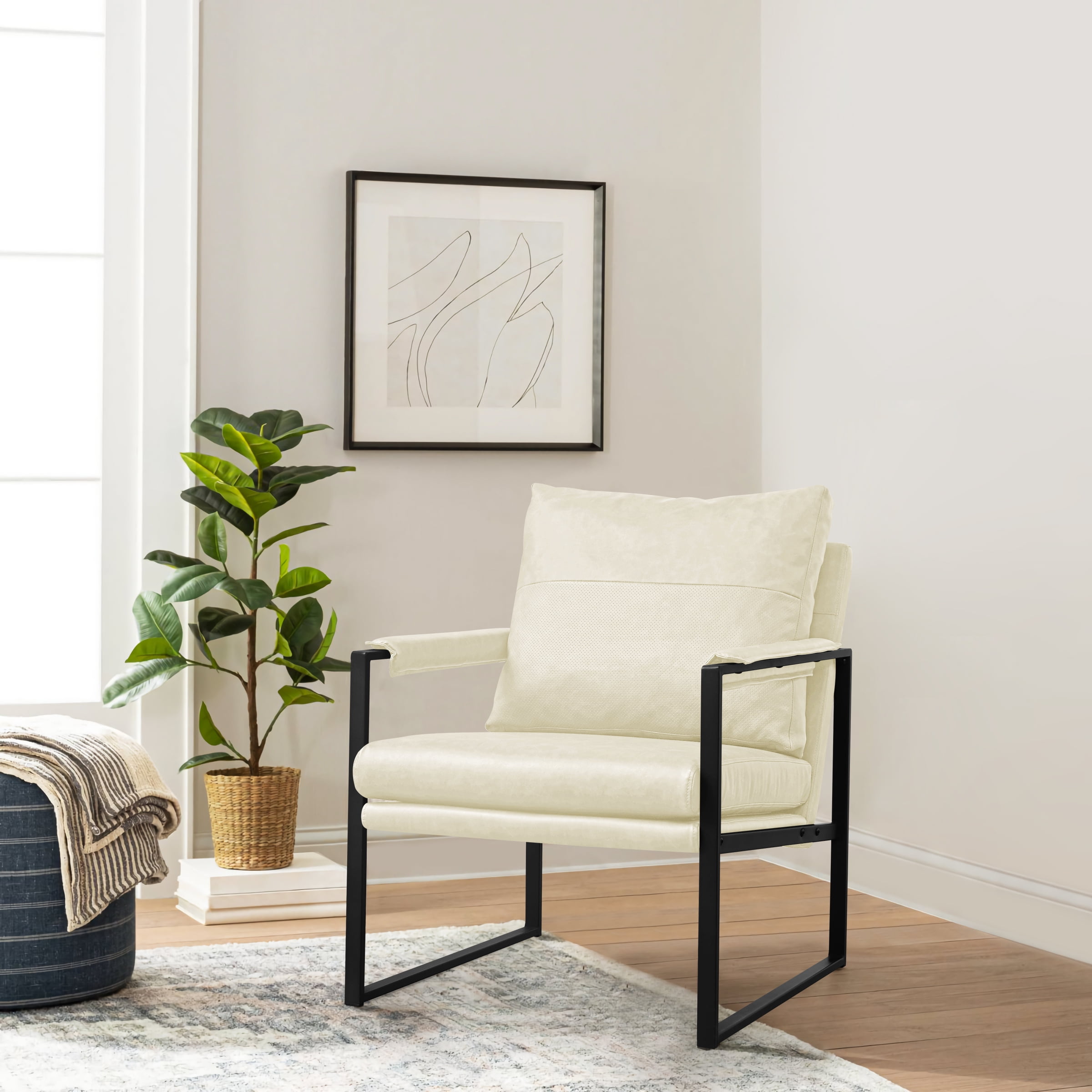 Subrtex Upholstered Modern Accent Chair with Metal Frame Set of 2 Cream PU Leather Beige