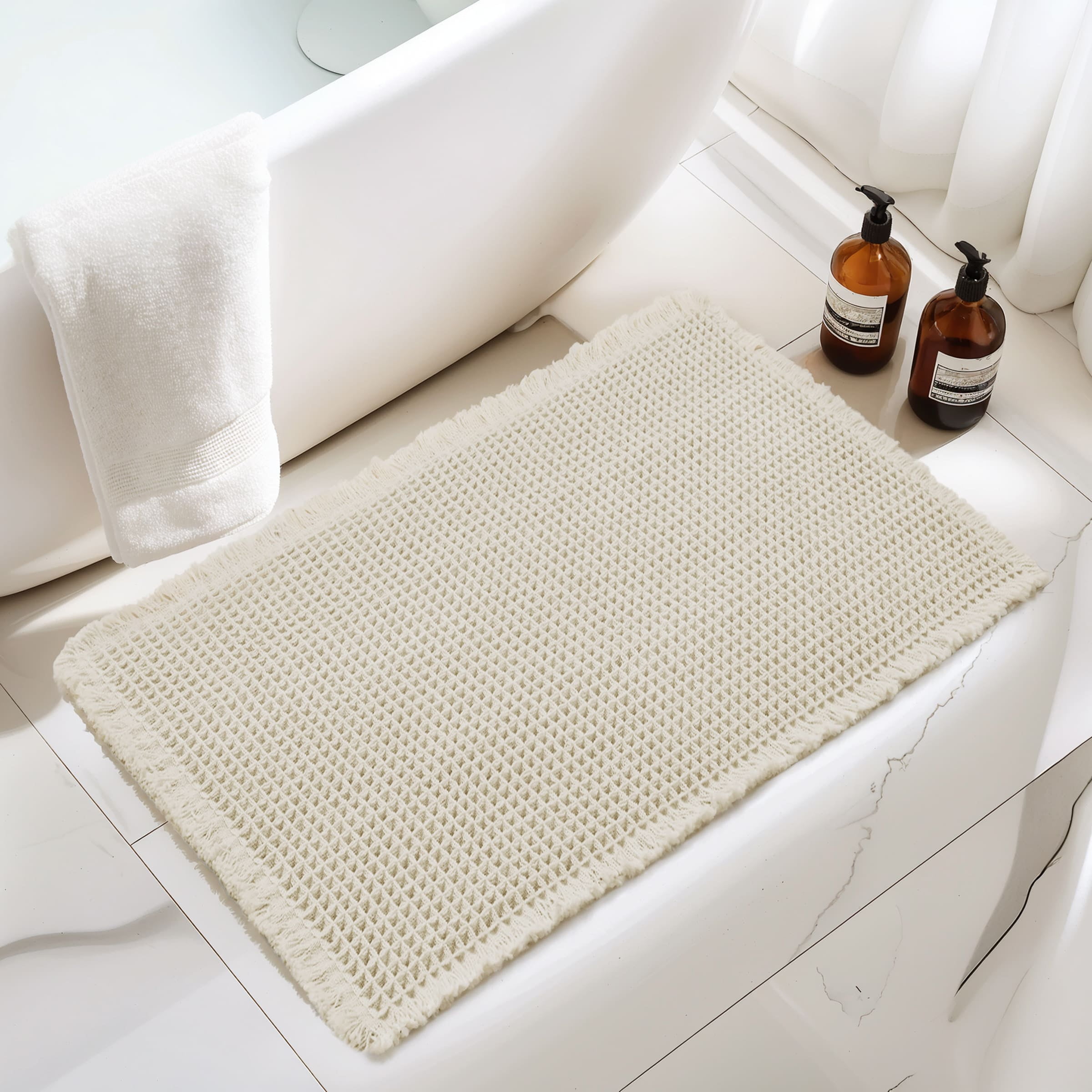 Subrtex Waffle Weave Bathroom Rug, Non Slips Bath Mat, Absorbent Bathmat Bath Rug for Bathroom (20"x32", White)
