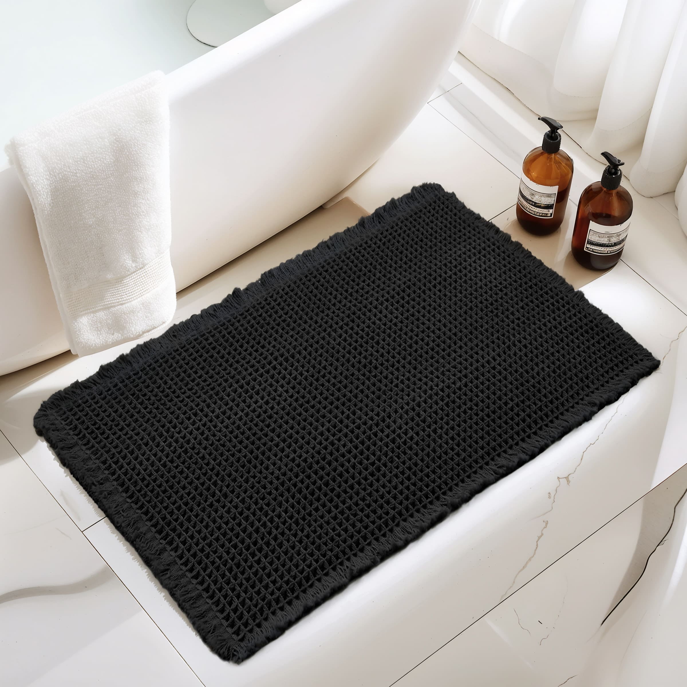 Subrtex Waffle Weave Bathroom Rug, Non Slips Bath Mat, Absorbent Bathmat Bath Rug for Bathroom (24"x55", Black)