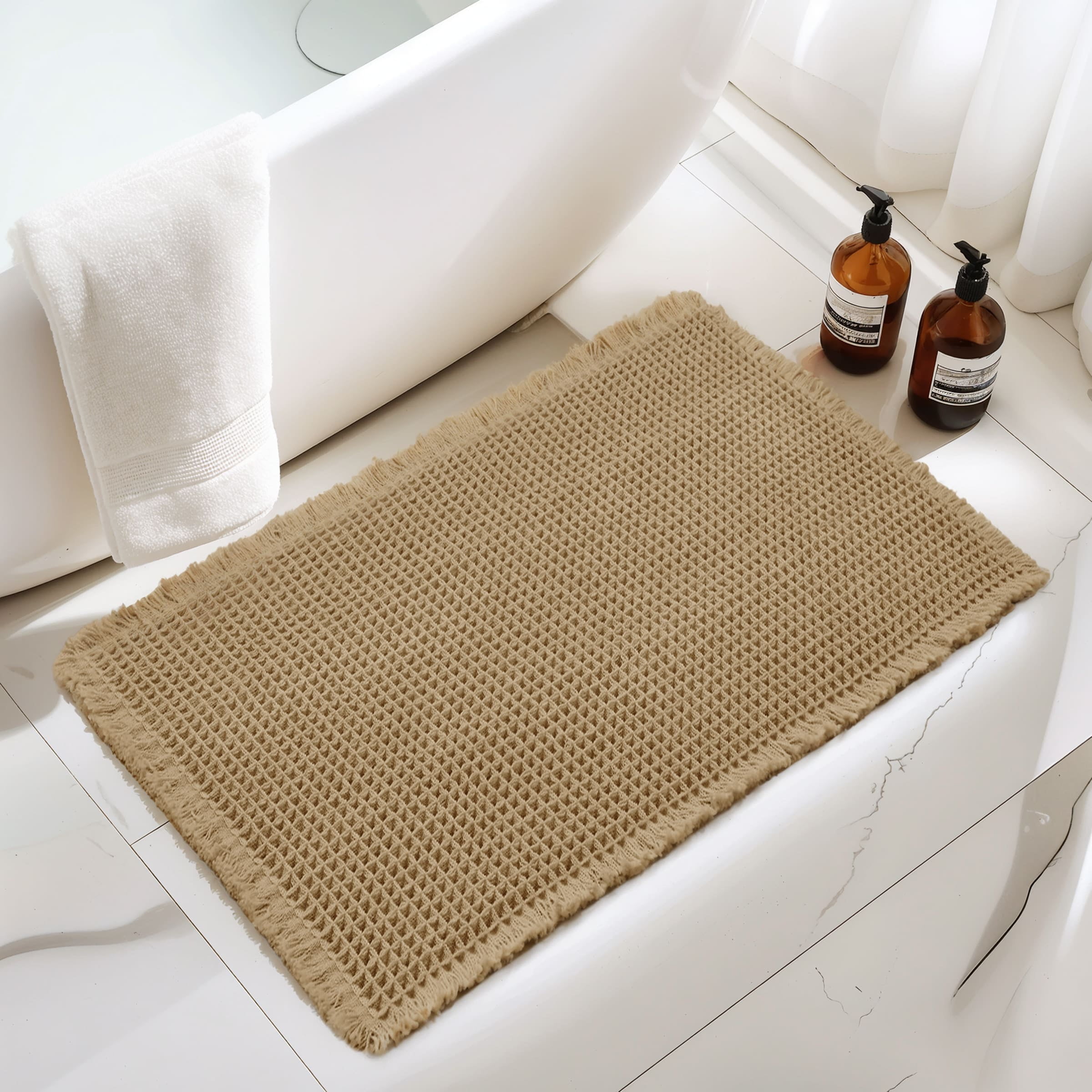 Subrtex Waffle Weave Bathroom Rug, Non Slips Bath Mat, Absorbent Bathmat Bath Rug for Bathroom (24"x60", Khaki)