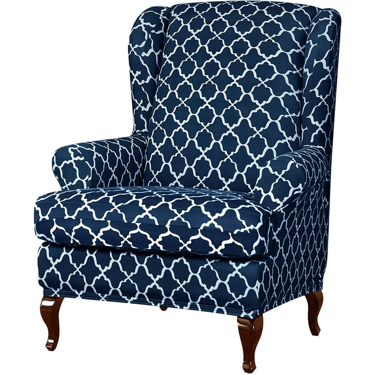 Subrtex Wingback Chair Slipcovers Wing Chair Armchair Covers Detachable Spandex Printed Sofa Covers Furniture Protector Navy