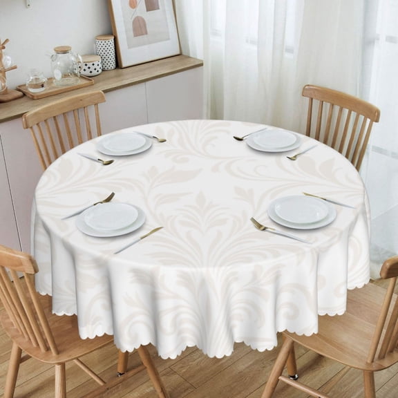 Subtle Beige Damask Scroll Pattern On White Background Round Tablecloth Waterproof Oil-Proof Plastic Table Cloth Stain-Resistant Wipeable 60" for Camping, Dining, Indoor and Outdoor