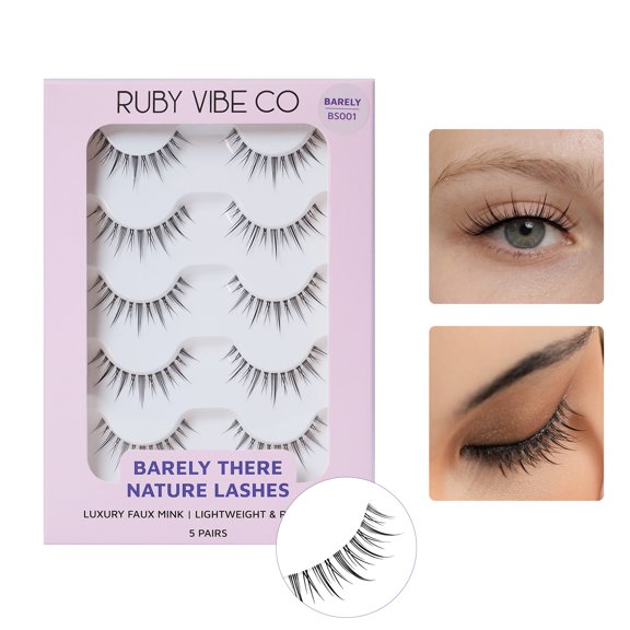 RUBY VIBE CO Subtle Charm BS001 Barely There Natural Strip Lashes, 5 Pairs Clear Band Lightweight False Eyelashes