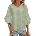 thumbnail image 1 of Subtle Green Textured Pattern Women's V-Neck Blouse With 3/4 Ruffled Bell Sleeves Casual Top Ladies Blouses, 1 of 7