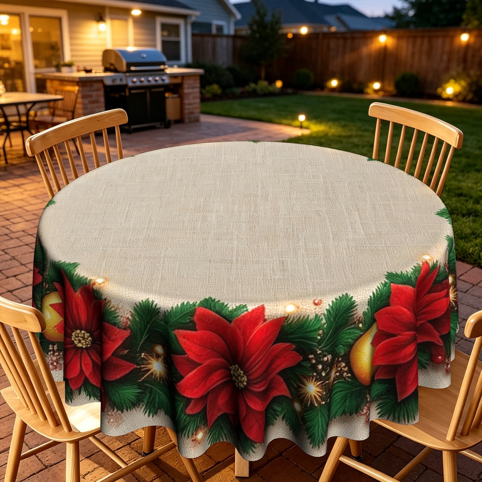 Subtle Linen Look Poinsettia Pine Skirt Pattern Round Tablecloth ...